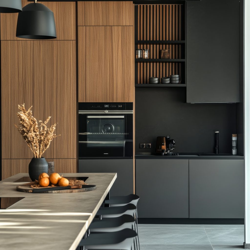 contemporary-kitchen-interior-with-wooden-furniture-black-countertops-ovens-3d-rendering