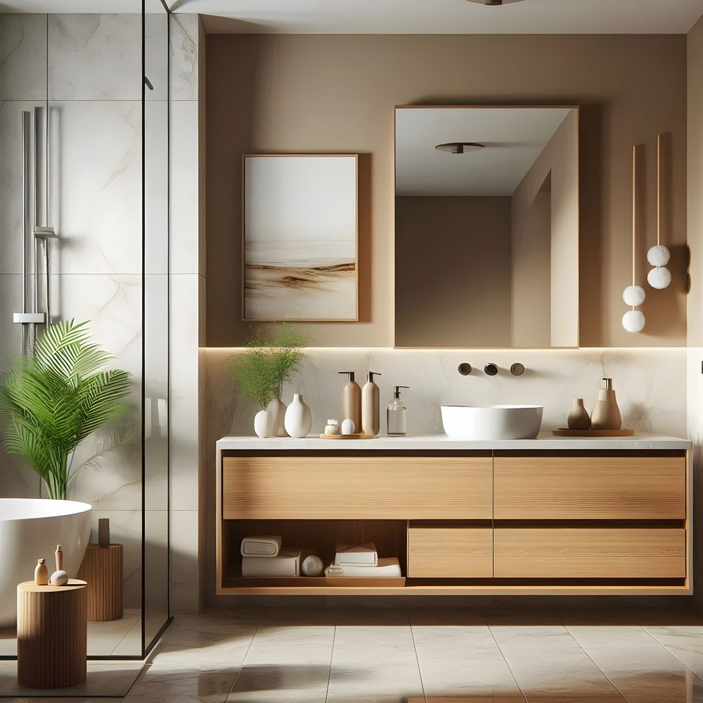 bathroom-with-sink-mirror-tub-with-palm-tree-it