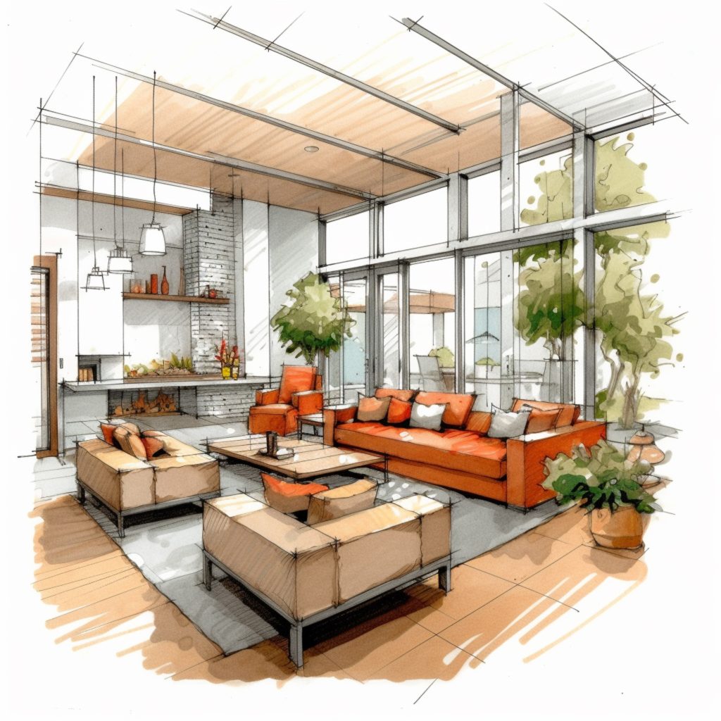 sketch of a living room with a couch. generative ai.