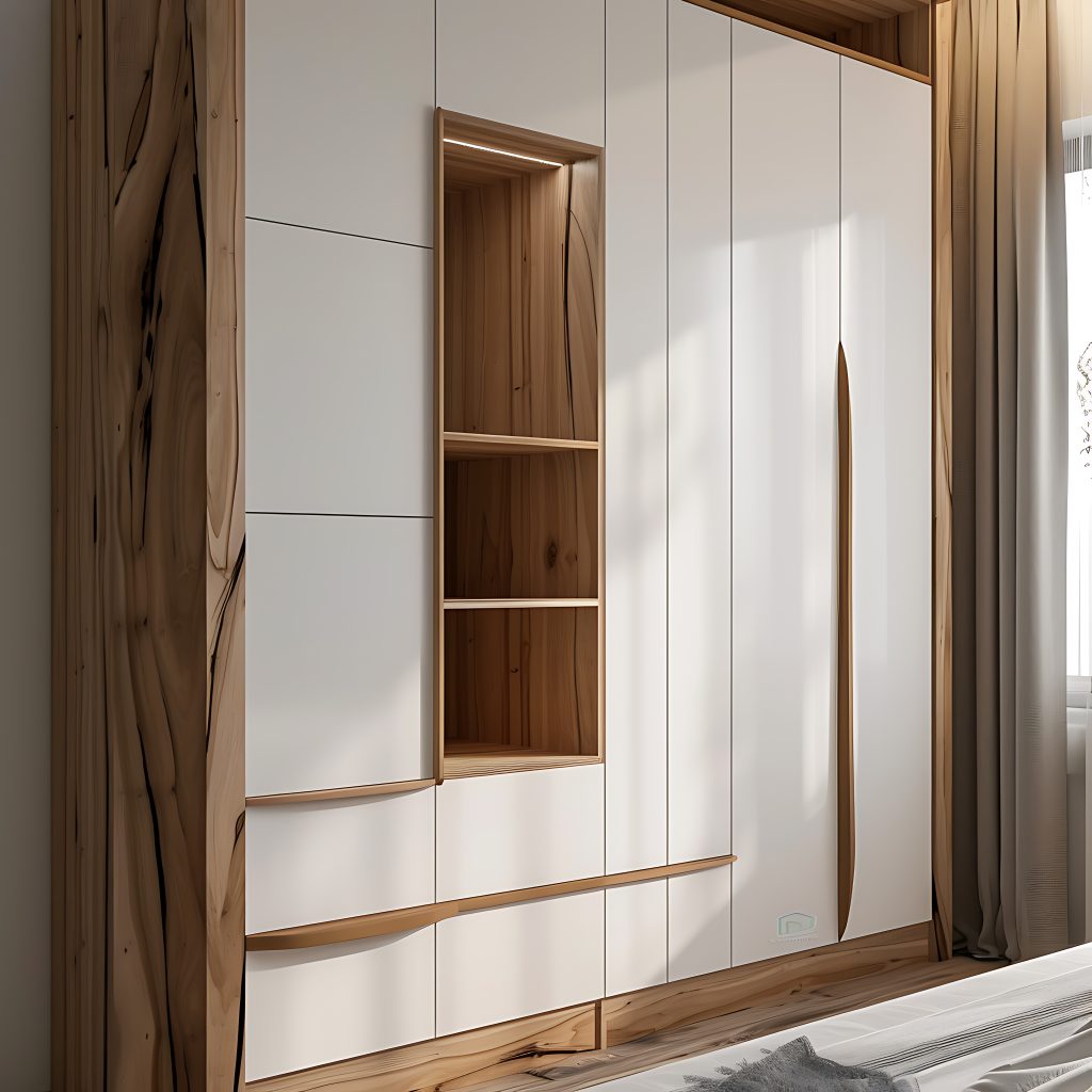 there is a white and wood cabinet with a book shelf